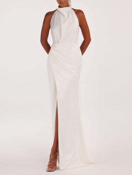 

Party Vintage Halter Satin Dress, White, Maxi Dresses