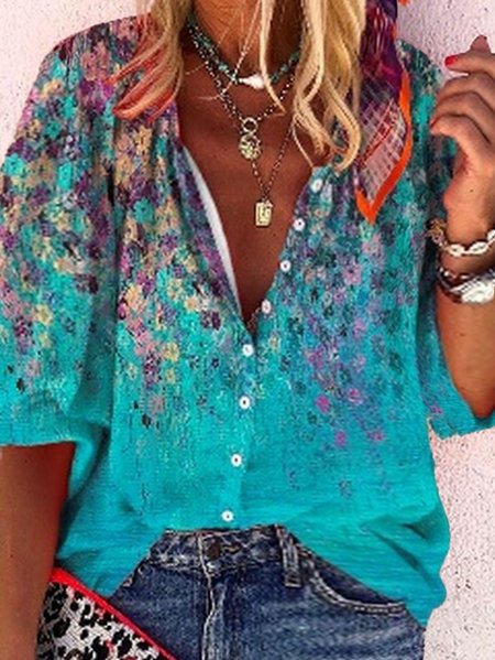 

Plus Size 3/4 Sleeve Floral Casual Shirt Top, Blue, Shirts & Blouses