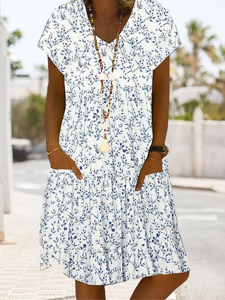 

V Neck Floral Casual Dress, White, Dresses