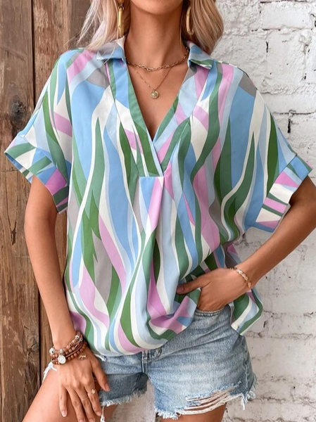

V Neck Casual Geometric Shirt, Green, Shirts & Blouses