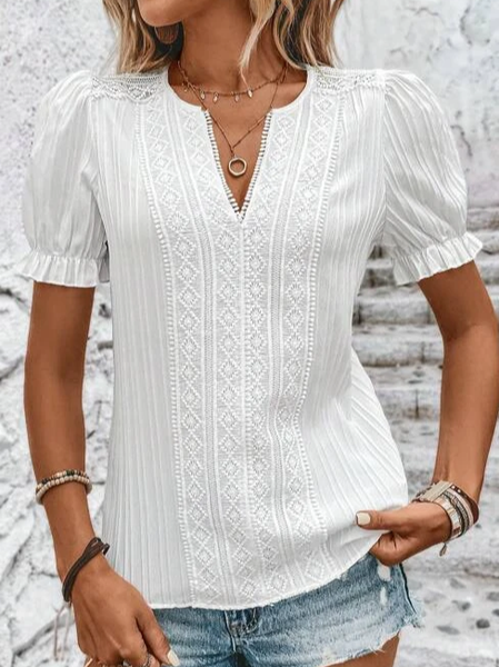 

Plain Casual Lace Edge V Neck Shirt, White, Shirts & Blouses