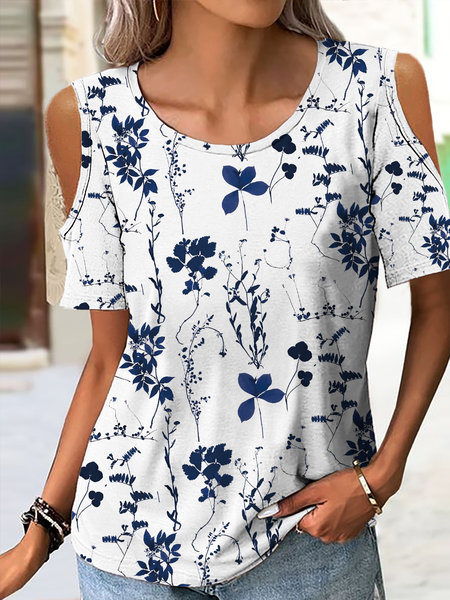 

Women's Cotton-Blend Blue Floral Loose Casual T-Shirt, T-shirts