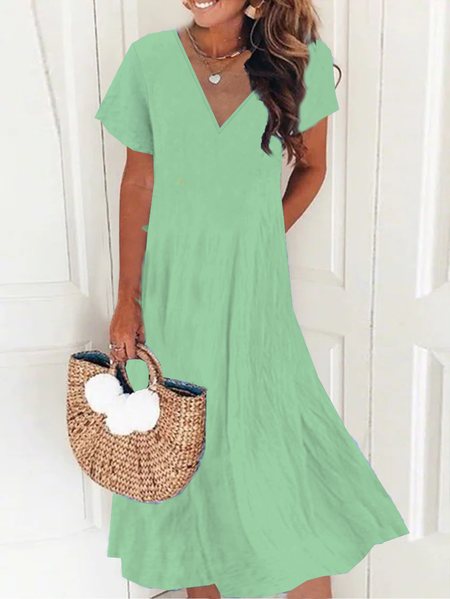 

New Women Chic Vintage Boho Hippie Short Sleeve V Neck Plain Casual Dress, Green, Midi