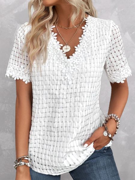 

Lace V Neck Simple Plain T-Shirt, White, T-Shirts