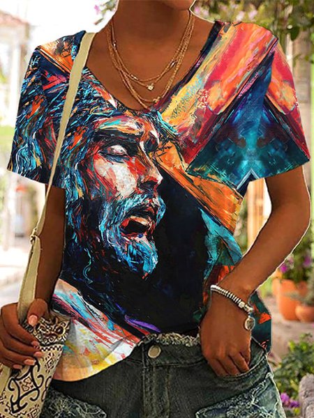 

Face Casual V Neck Loose T-Shirt, Blue, T-Shirts