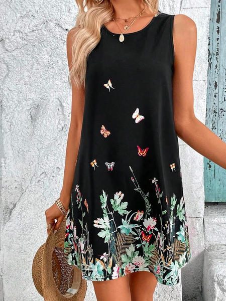 

Floral Loose Vacation Crew Neck Butterfly & Floral Print Tank Dress, Black, Dresses