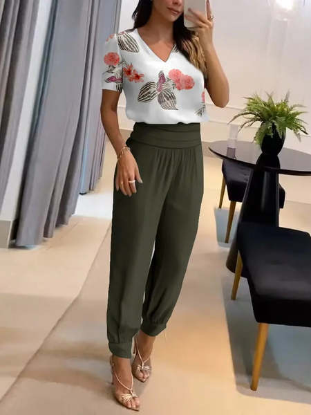 

Casual Loose Floral Two-Piece Set, Green, Suit Set