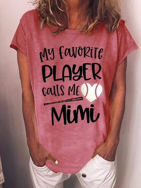 

Women's My Favorite Player Calls Me Mimi Funny Baseball For Hearts Graphic Printing Casual Cotton-Blend Crew Neck Text Letters T-Shirt, Red, T-shirts