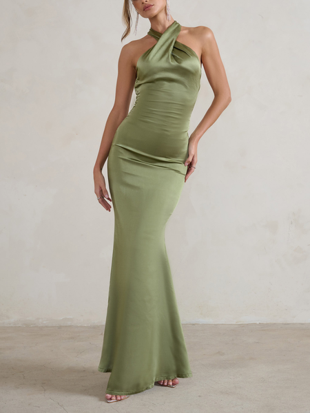 

Wedding Guest Olive Green Satin Cross Over Halter Neck Maxi Dress, Maxi Dresses