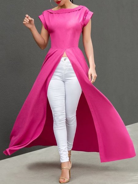 

Crew Neck Urban Plain Split Shirt, Deep pink, Blouses and Shirts