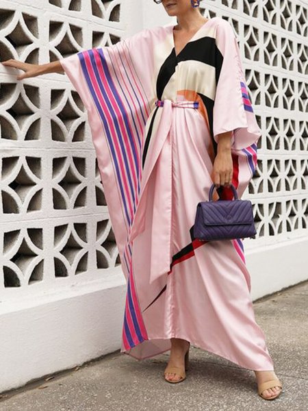 

Geometric Vacation V Neck Loose Dress, Pink, Maxi Dresses