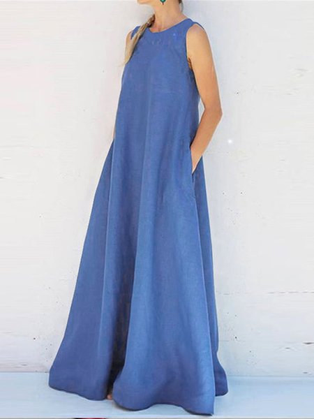 

Vacation Plain Loose Crew Neck Denim Dress, Blue, Maxi Dresses
