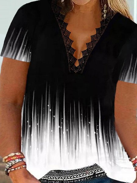 

Plus Size V Neck Loose Jacquard Casual T-Shirt, Black, T-Shirts
