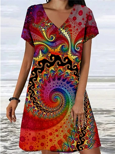 

Ethnic Crew Neck Casual Loose Dress, Red, Dresses