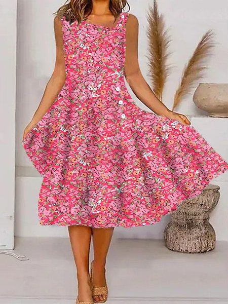 

Disty Floral Buckle Sleeveless Asymmetrical Neck Casual Dress, Deep pink, Dresses