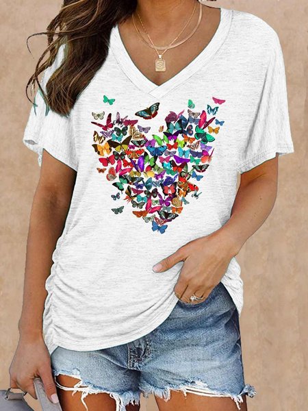 

Women's Heart Butterfly Casual T-Shirt, White, T-shirts