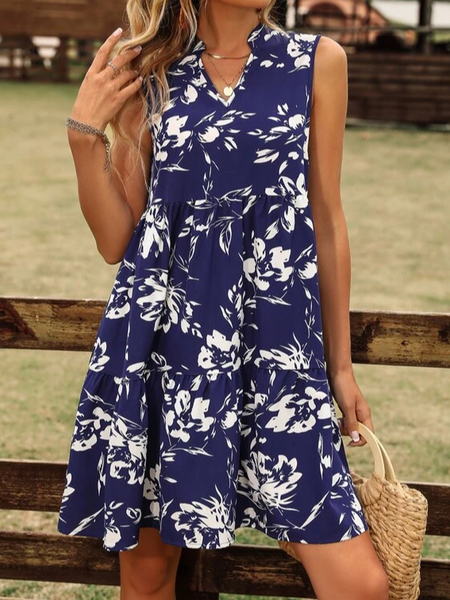 

Casual V Neck Floral Dress, Blue, Dresses