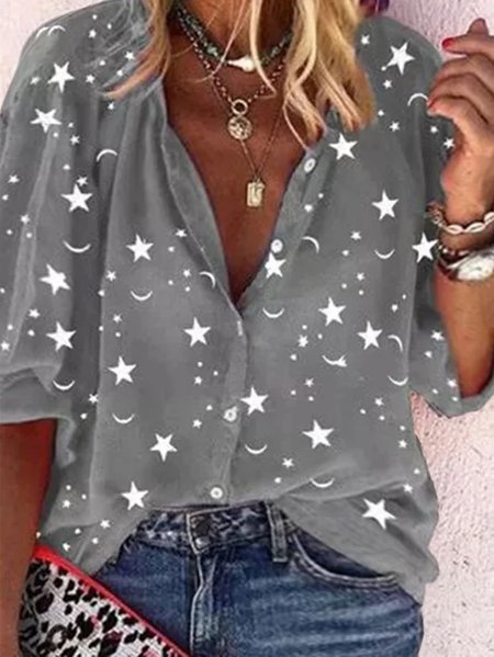

Plus Size Gray Star&Moon Printed Stand Collar Half Sleeve Casual Shift Top, Shirts & Blouses
