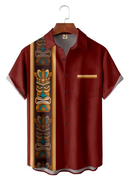 

TIKI Chest Pocket Short Sleeve Bowling Shirt, Red, Men Shirts