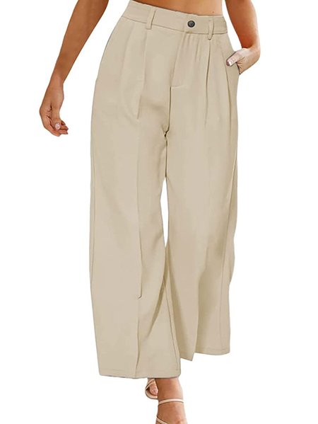 

Women’s Stretchy Palazzo Dress Pants Solid Color High Waisted Wide Leg Buttons Loose Comfy Trousers, Apricot, Pants