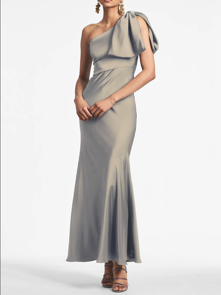 

Wedding Guest Elegant Plain Satin Dress, Champagne, Maxi Dresses