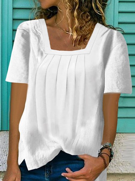 

woman casual Square Neck Linen Shirt, White, Tees & T-shirts