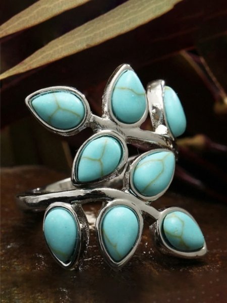 

Vintage Silver Metal Turquoise Leaf Motif Ring Ethnic Casual Women's Jewelry, Rings