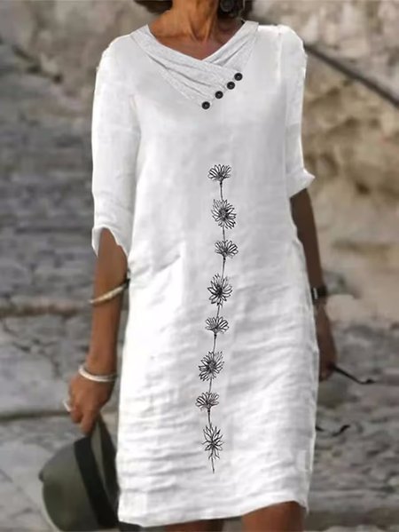 

Linen Loose Asymmetrical Floral Dress, White, Dresses