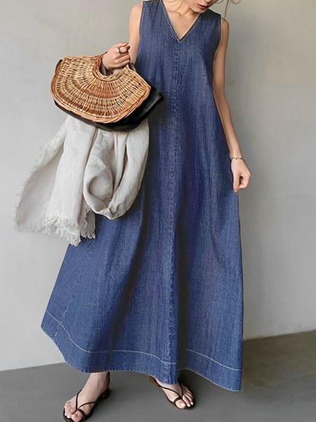 

V Neck Loose Plain Casual Sleeveless Maxi Dress, Blue, Maxi Dresses