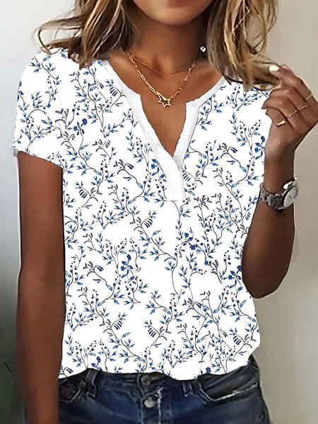 

V Neck Loose Floral Casual T-Shirt, White, T-Shirts