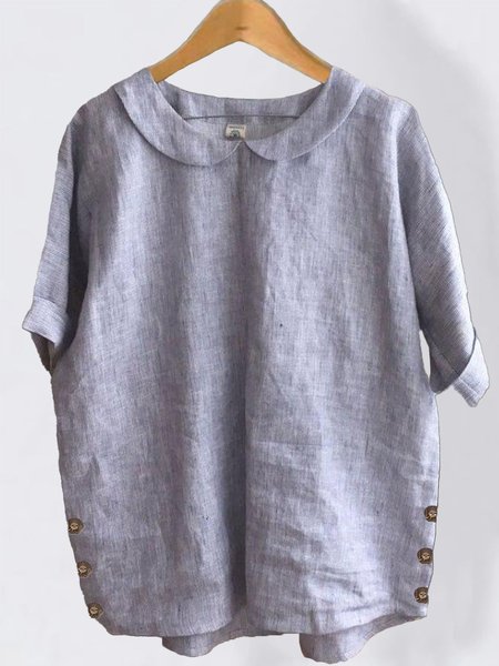 

woman casual Buckle Crew Neck Plain Linen Blouse, Gray, Tunics