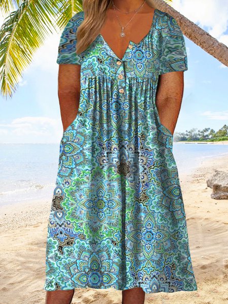 

Plus Size Boho Casual Short Sleeve Dress, Green, Dresses