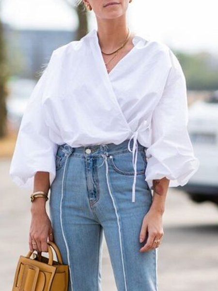 

Three Quarter Regular Fit Elegant Cross Neck Blouse, White, Blouses and Shirts