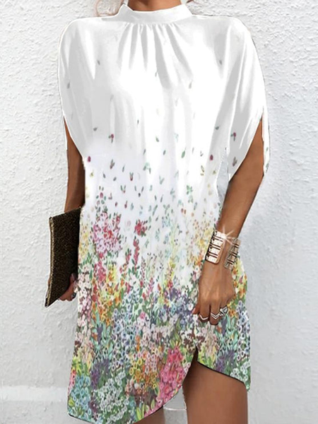 

Floral Casual Loose Crew Neck Dress, White, Dresses