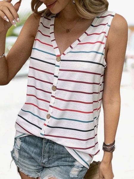 

Casual Loose Buttoned Striped Button Front Tank Top, White, Tanks & Camis