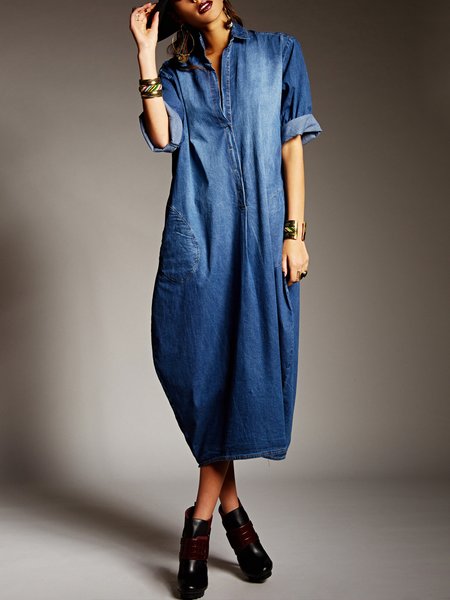 

Plain Casual Shirt Collar Loose Denim Dress, Blue, Midi Dresses