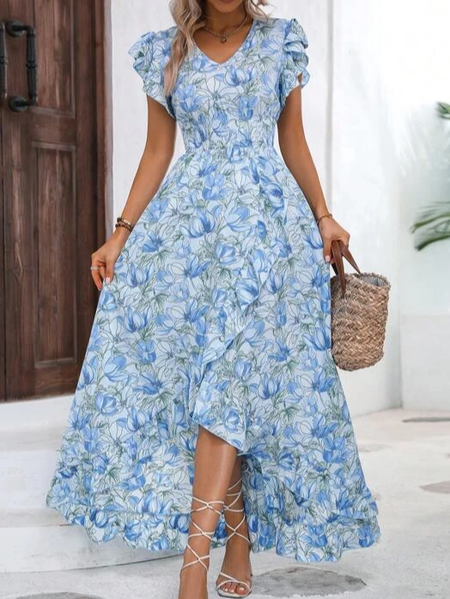 

V Neck Floral Casual Loose Dress, Blue, Dresses