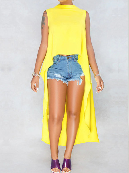 

Loose Urban Stand Collar Sleeveless Plain Mid-long Shirt, Yellow, Blouses and Shirts