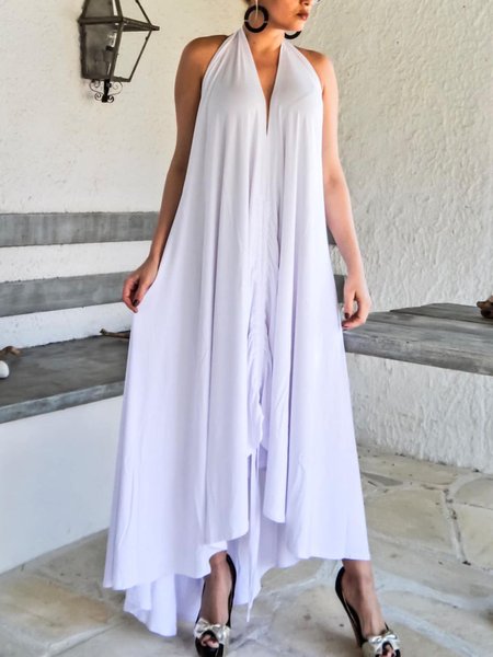 

Loose Vacation Halter A-Line Plain Dress, White, Maxi Dresses