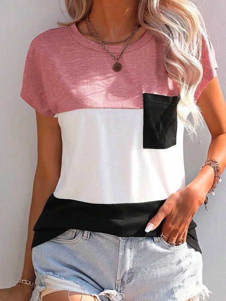

Casual Colorblock Batwing Sleeve Pocket Patched Tee, Pink, Tops