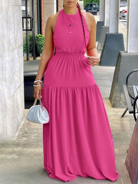 Long Daily Regular Fit Plain Elegant Dress, Rose red, Maxi Dresses
