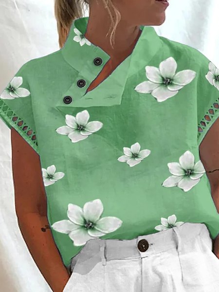 

Casual Asymmetrical Floral Printed Blouse, Green, Blouses
