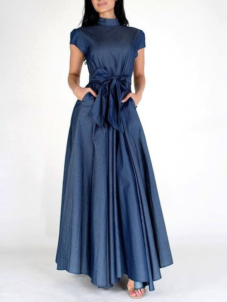 

Stand Collar Urban Denim Cap sleeve Dress, Blue, Maxi Dresses