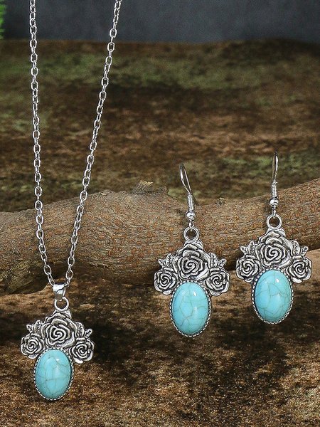 

Ethnic Turquoise Floral Pattern Earrings Necklace Jewelry Set Vintage Casual Women Jewelry, As picture, Necklaces