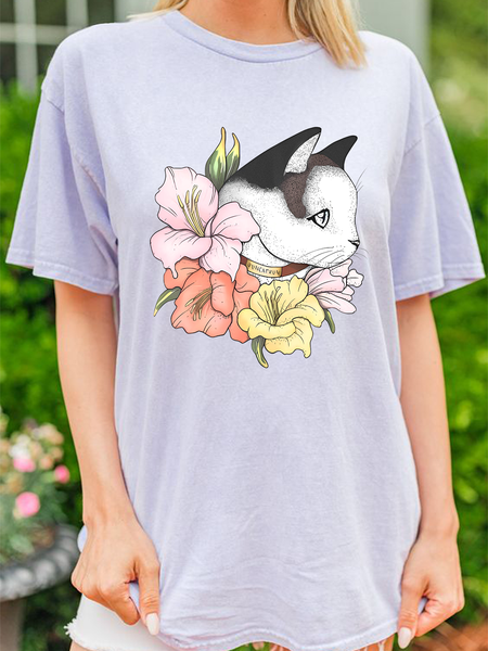 

Women’s Cat Portrait Floral Oversize Casual T-Shirt, Purple, T-shirts