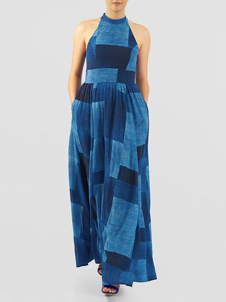

Regular Size Crew Neck Geometric Vacation Dress, Blue, Maxi Dresses