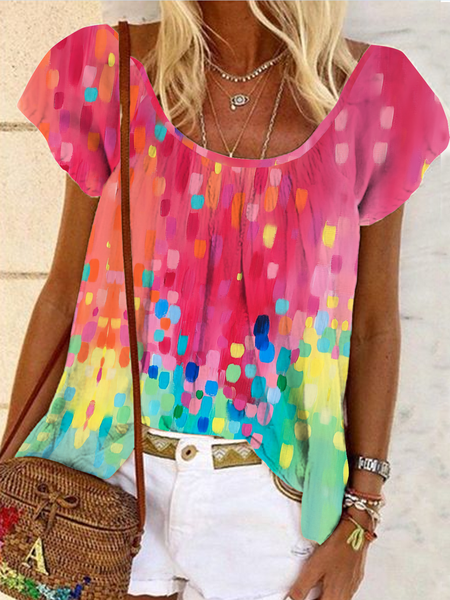 

Casual Crew Neck Loose Geometric Shirt, Pink, Shirts & Blouses