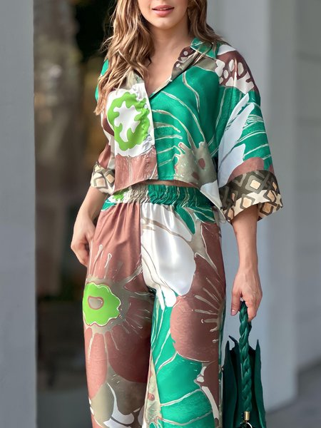 

Floral Regular Fit Shirt Collar Elegant Blouse, Green, Blouses and Shirts