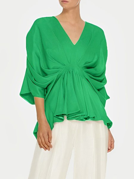 

Elegant Plain Loose V Neck Shirt, Green, Blouses and Shirts