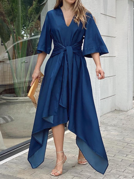 

Loose Plain Urban V neck Short sleeve Denim Maxi Dress, Denim blue, Maxi Dresses